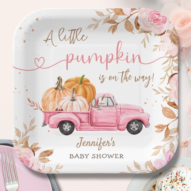 Pumpkin Baby Shower Fall Pink Truck Paper Paper Plate (Creator Uploaded)