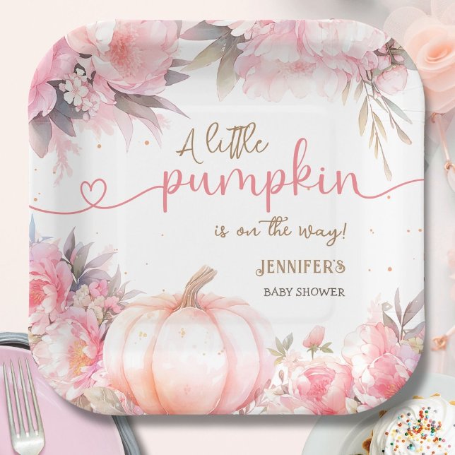 Pumpkin Baby Shower Girl Pink Floral Fall Autumn Paper Plate (Creator Uploaded)