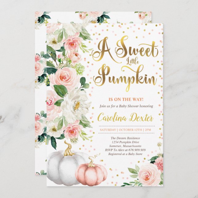 Pumpkin Baby Shower Invitation Blush Pink And Gold (Front/Back)