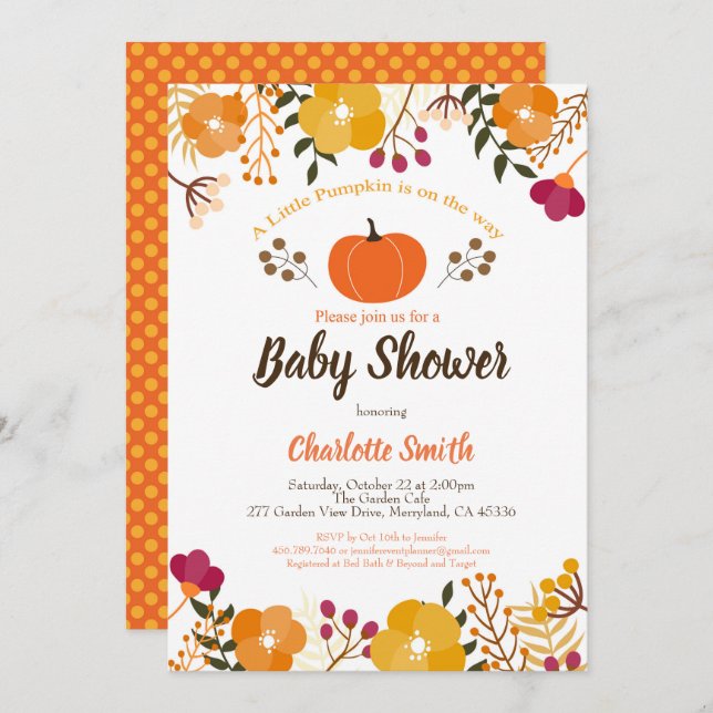Pumpkin baby shower invitation Fall Autumn (Front/Back)