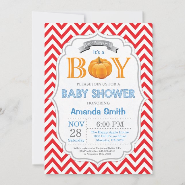 Pumpkin Baby Shower Invitation Fall Autumn Boy (Front)