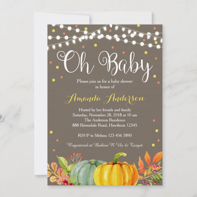 Pumpkin Baby Shower Invitation, Fall Baby Shower Invitation (Front)