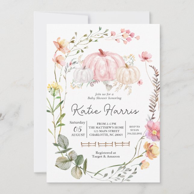 Pumpkin Baby shower Invitation, pinkPumpkin invite (Front)