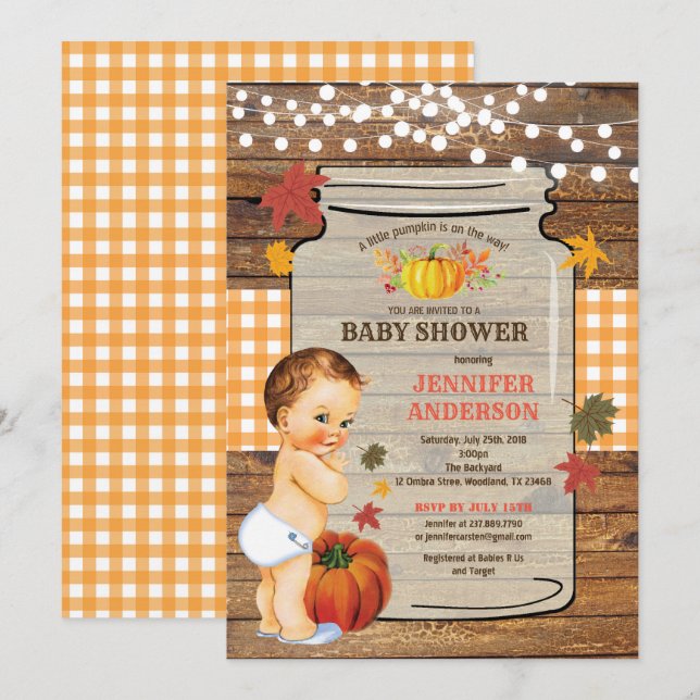 Pumpkin baby shower invitation rustic wood (Front/Back)