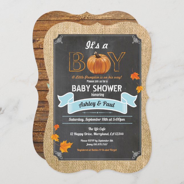 Pumpkin baby shower invitation rustic wood chalk (Front/Back)