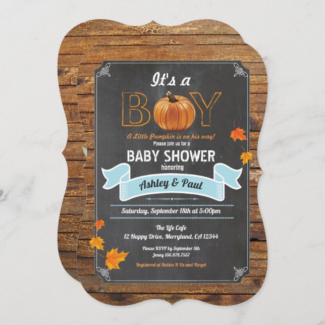 Pumpkin baby shower invitation rustic wood chalk (Front/Back)