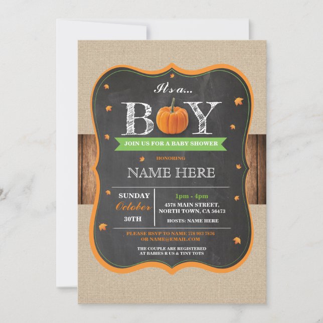 Pumpkin Baby Shower It's a Boy Party rustic Invite (Front)