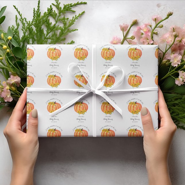 Pumpkin Baby Shower Orange White Wrapping Paper (Creator Uploaded)