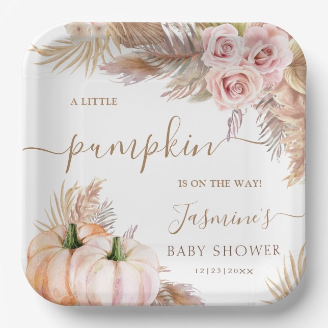 Pumpkin Baby Shower Pink Girl Floral Fall Autumn  Paper Plate (Front)