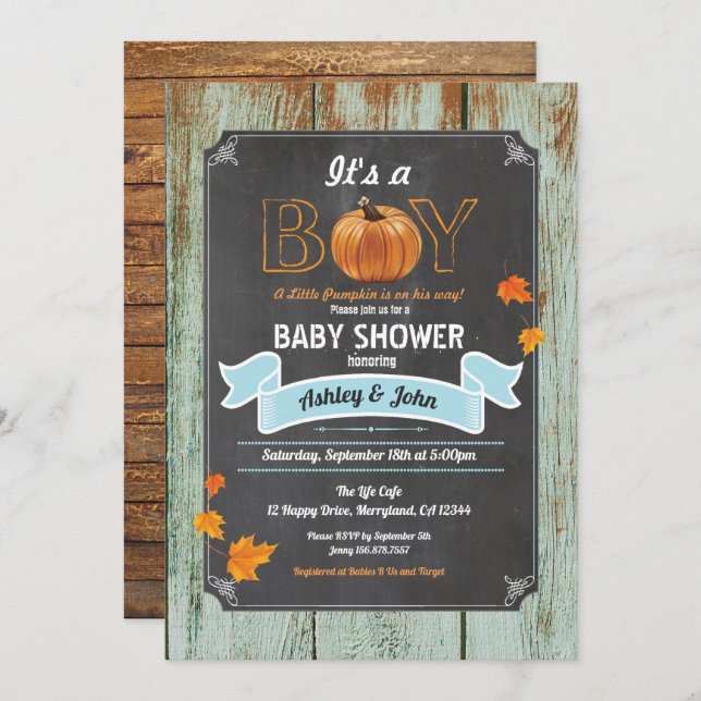 Pumpkin baby shower rustic wood chalkboard invitation (Front/Back)