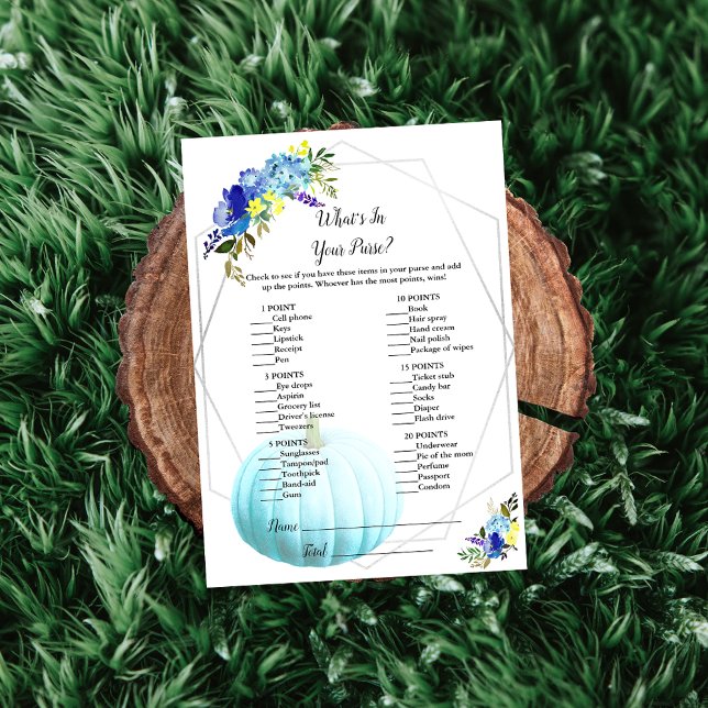 Pumpkin Baby Shower What's In Your Purse | Blue Invitation (Creator Uploaded)