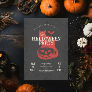 Pumpkin Bat and Cat Black Vintage Halloween Party Invitation