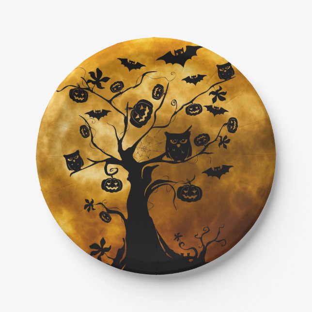 Pumpkin, Bat, and Owl Halloween Paper Plate (Front)