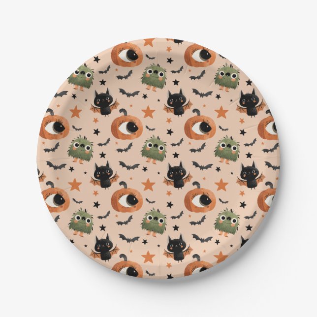 Pumpkin Bat Stars Pattern Whimsical Halloween Paper Plate (Front)