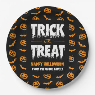 Pumpkin Bat Trick or Treat Dark Patterned Paper Plate