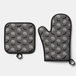 Pumpkin Bat Trick or Treat Grey Pattern Oven Mitt & Pot Holder Set
