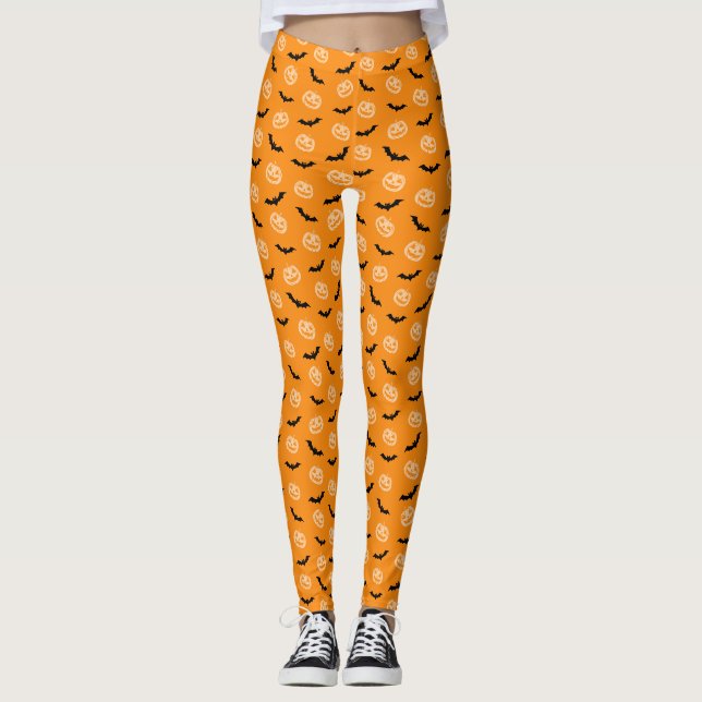 Pumpkin Bat Trick or Treat Orange Pattern Leggings (Front)