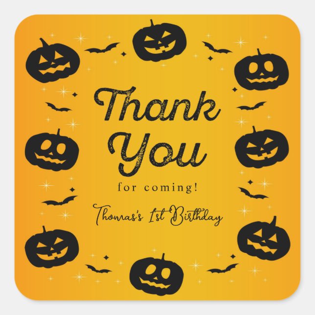 Pumpkin Bats Halloween Birthday Thank You Card Square Sticker (Front)