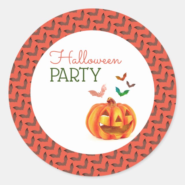Pumpkin & Bats, Halloween Party Classic Round Sticker (Front)