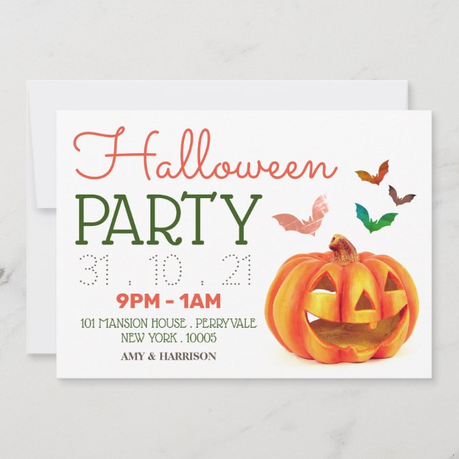 Pumpkin & Bats, Halloween Party Invitation (Front)