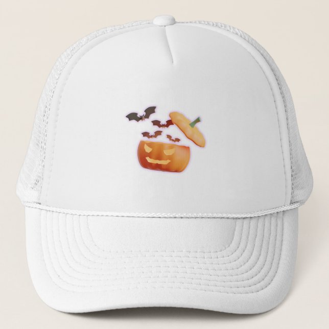 Pumpkin & Bats Vibes – Spooky Halloween Style Trucker Hat (Front)