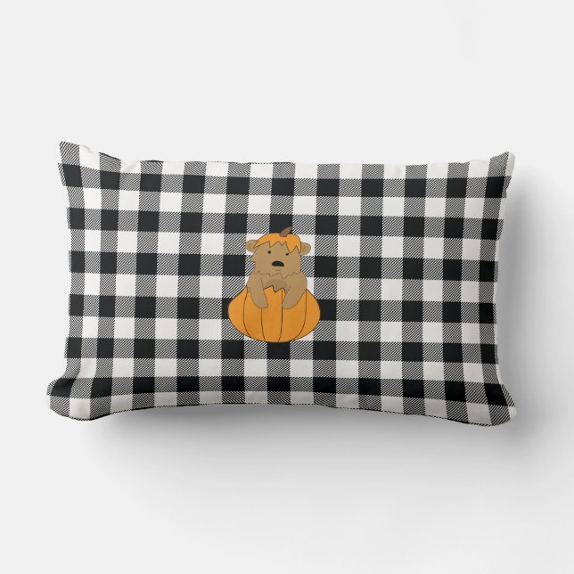 Pumpkin Bear Check Pattern Farmhouse Pillow (Front)