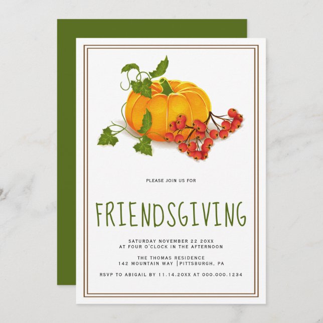 Pumpkin, berries and brown frame Friendsgiving Invitation (Front/Back)