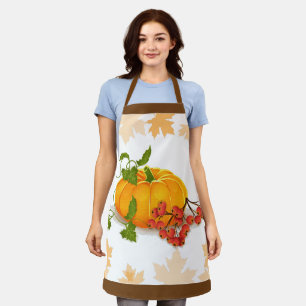 Pumpkin, berries, brown border fall Thanksgiving Apron