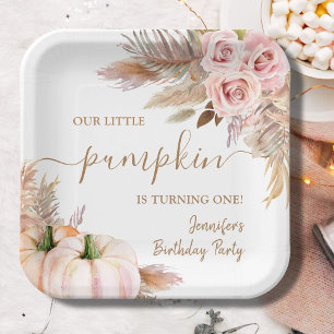 Pumpkin Birthday Boho Fall  Pink Autumn Girl Paper Plate