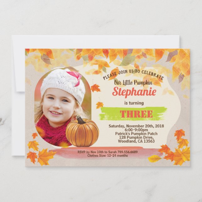 Pumpkin birthday Fall Thanksgiving photo Invitation (Front)