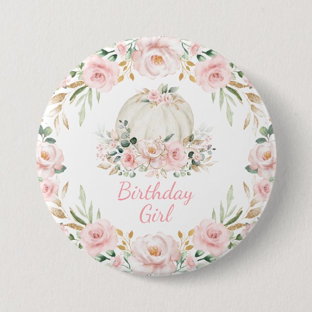 Pumpkin Birthday Girl Pink Blush Fall Floral Roses 7.5 Cm Round Badge (Front)