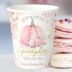 Pumpkin Birthday Girl Pink Gold Elegant Fall Paper Cups