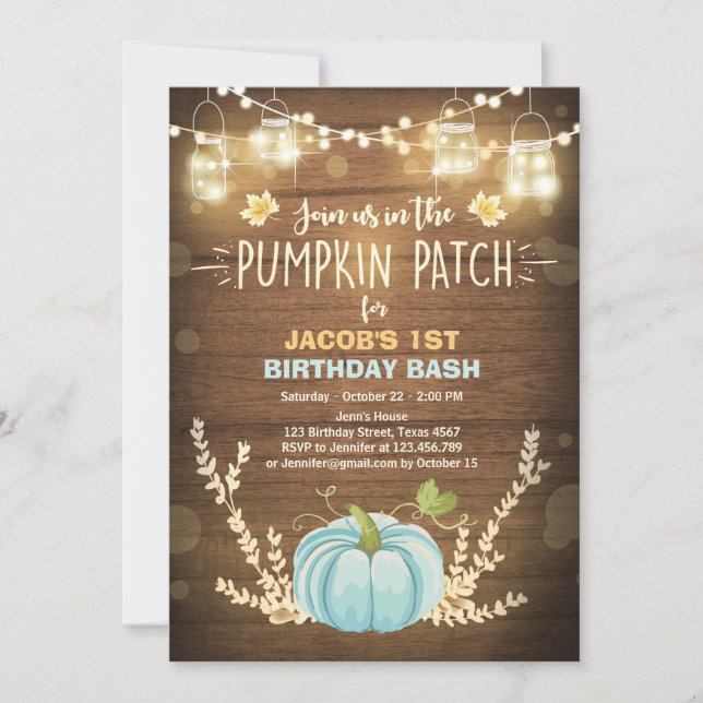 Pumpkin Birthday invitation Blue boy  Birthday (Front)