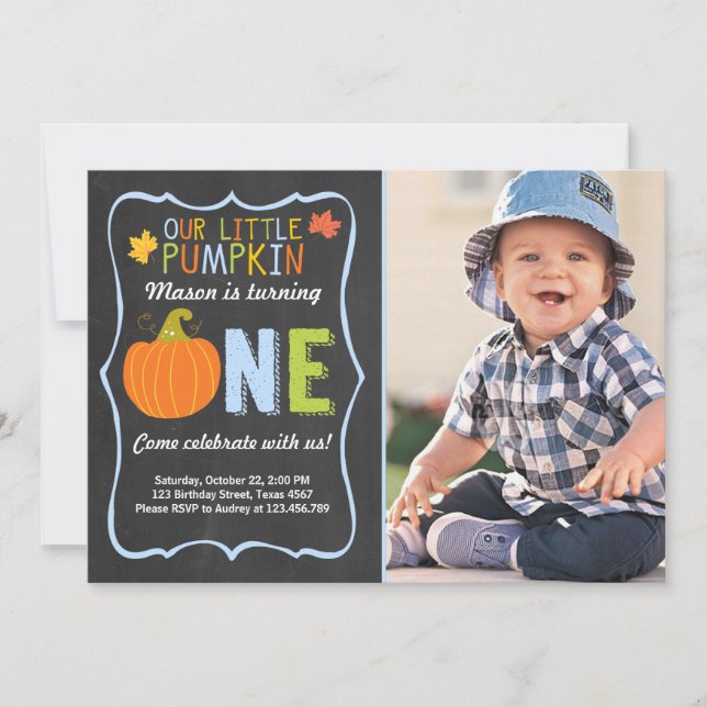 Pumpkin Birthday invitation Blue First Birthday (Front)