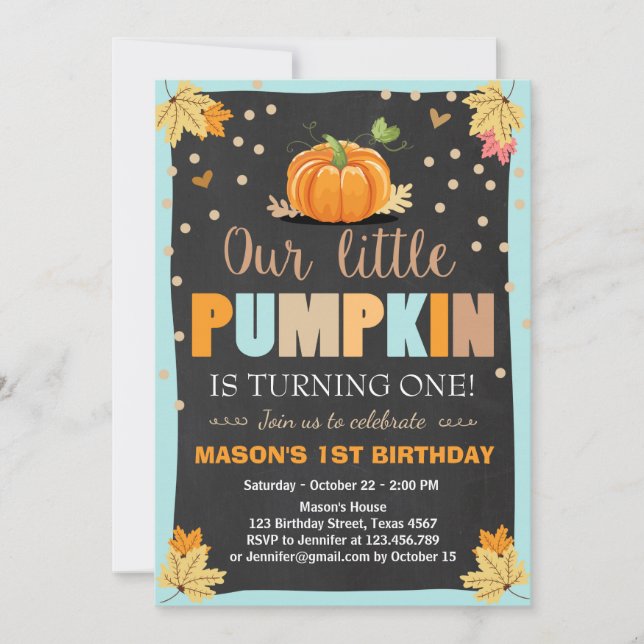 Pumpkin Birthday invitation Boy Birthday Fall blue (Front)