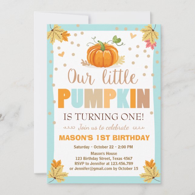 Pumpkin Birthday invitation Boy Birthday Fall blue (Front)