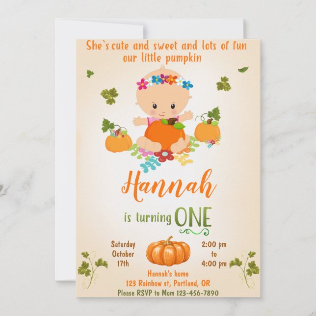 Pumpkin birthday invitation Fall invitation girl (Front)