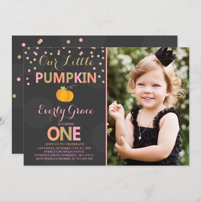 Pumpkin Birthday Invitation Pink Gold Pumpkin (Front/Back)
