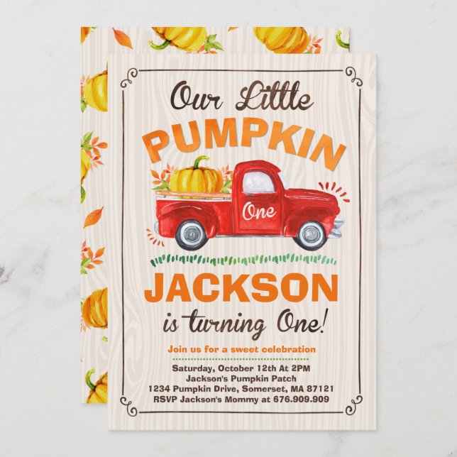 Pumpkin Birthday Invitation Pumpkin Truck Party (Front/Back)