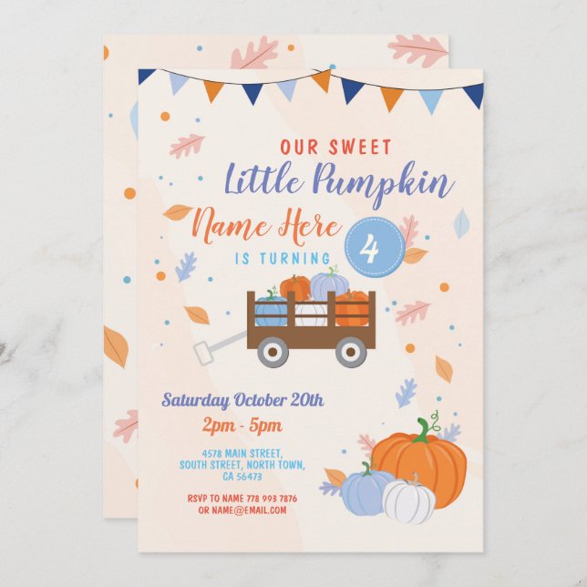 Pumpkin Birthday Invite Fall Boy Blue Trailer (Front/Back)