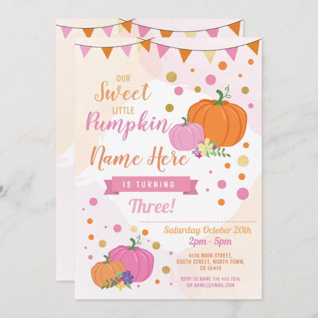 Pumpkin Birthday Invite Fall Pink Girl Gold Pretty (Front/Back)