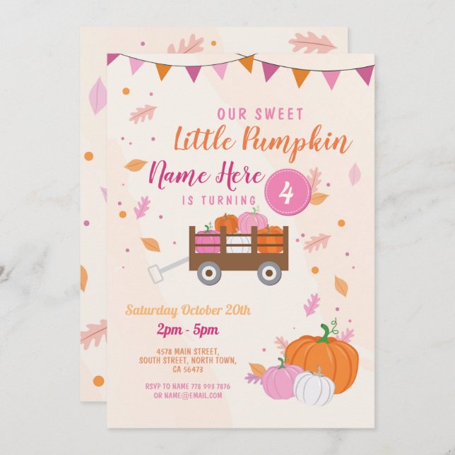 Pumpkin Birthday Invite Fall Pink Girl Trailer (Front/Back)
