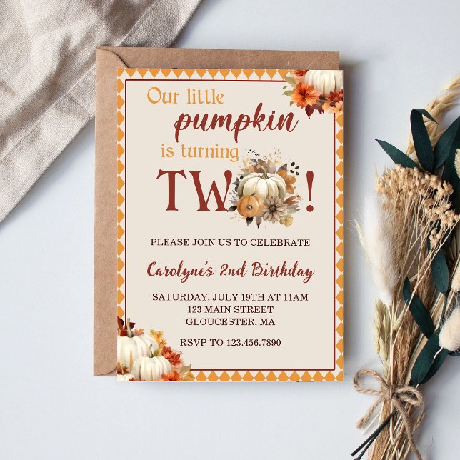 Pumpkin Birthday Our Little Pumpkin Is Turning Two Invitation (Creator Uploaded)