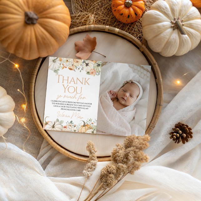 Pumpkin Birthday Photo Thank You Card (Creator Uploaded)