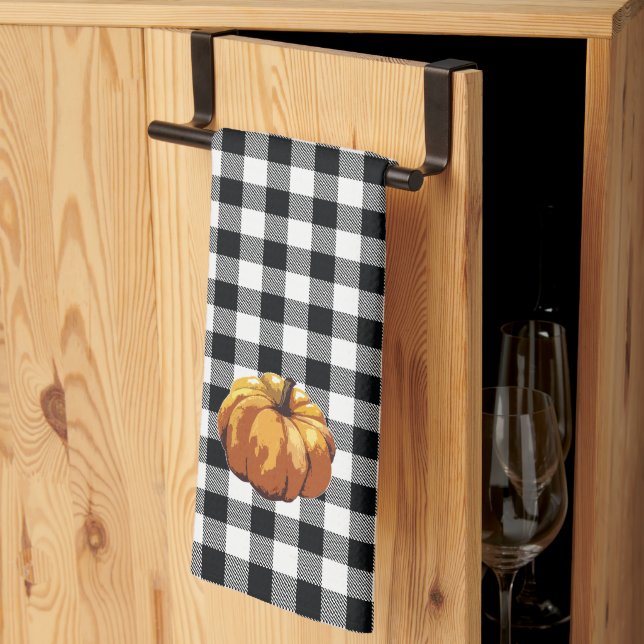 Pumpkin Black Buffalo Check Kitchen Towel (Thirds Fold)