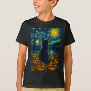 Pumpkin Black Cat Halloween Van Gogh Starry Night T-Shirt