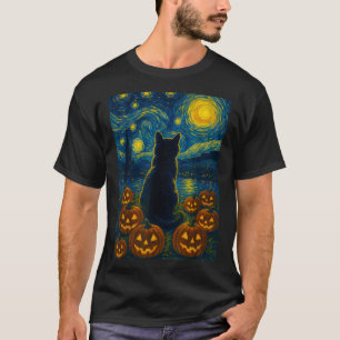 Pumpkin Black Cat Halloween Van Gogh Starry Night T-Shirt