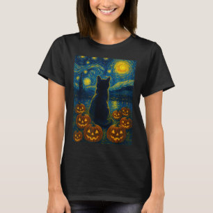 Pumpkin Black Cat Halloween Van Gogh Starry Night T-Shirt