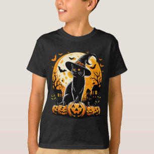 Pumpkin Black Cat With Witch Hat Full Moon T-Shirt