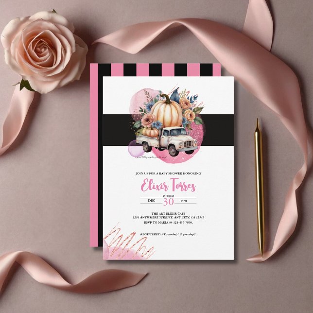 Pumpkin Black Pink Floral Truck Baby Shower Invitation (Creator Uploaded)